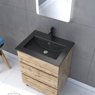 Pack Meuble SDB 60cm sur pieds 3 tiroirs Chene_Vasque noire + Miroir Led - TIMBER 60_Pack 14