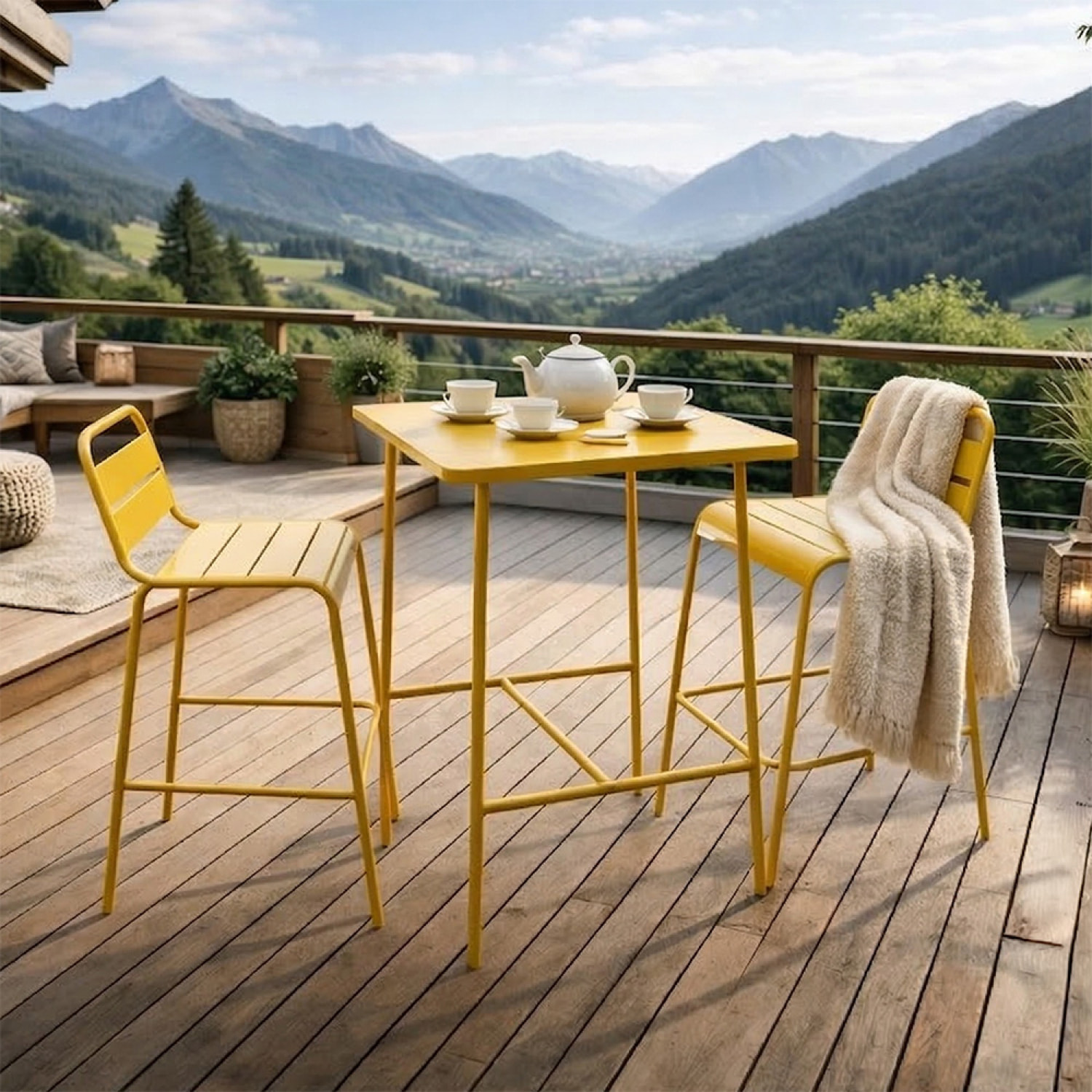 Ensemble table de bar et 2 chaises hautes d'extérieur jaune EVORA