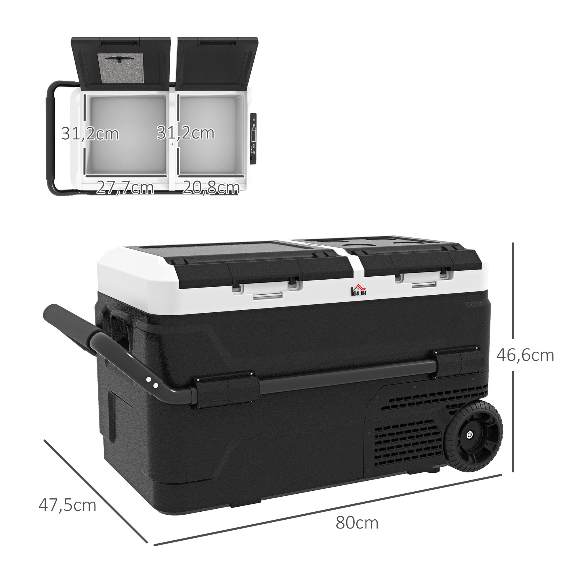 Nevera Compresor Port¨¢til 40L con Doble Zona Refrigerador de Coche -20¡æ-20¡æ 12 / 24V DC y 100-240V AC Nevera El¨¦ctrica con Luz LED y Asa Telesc¨®pica para Caravanas Viajes 80x47,5x46,6 cm Negro