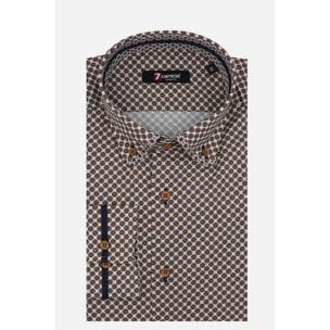 Camicia Uomo 1 Bottoni Button Down Slim Popeline Stampato bianco e marrone chiaro