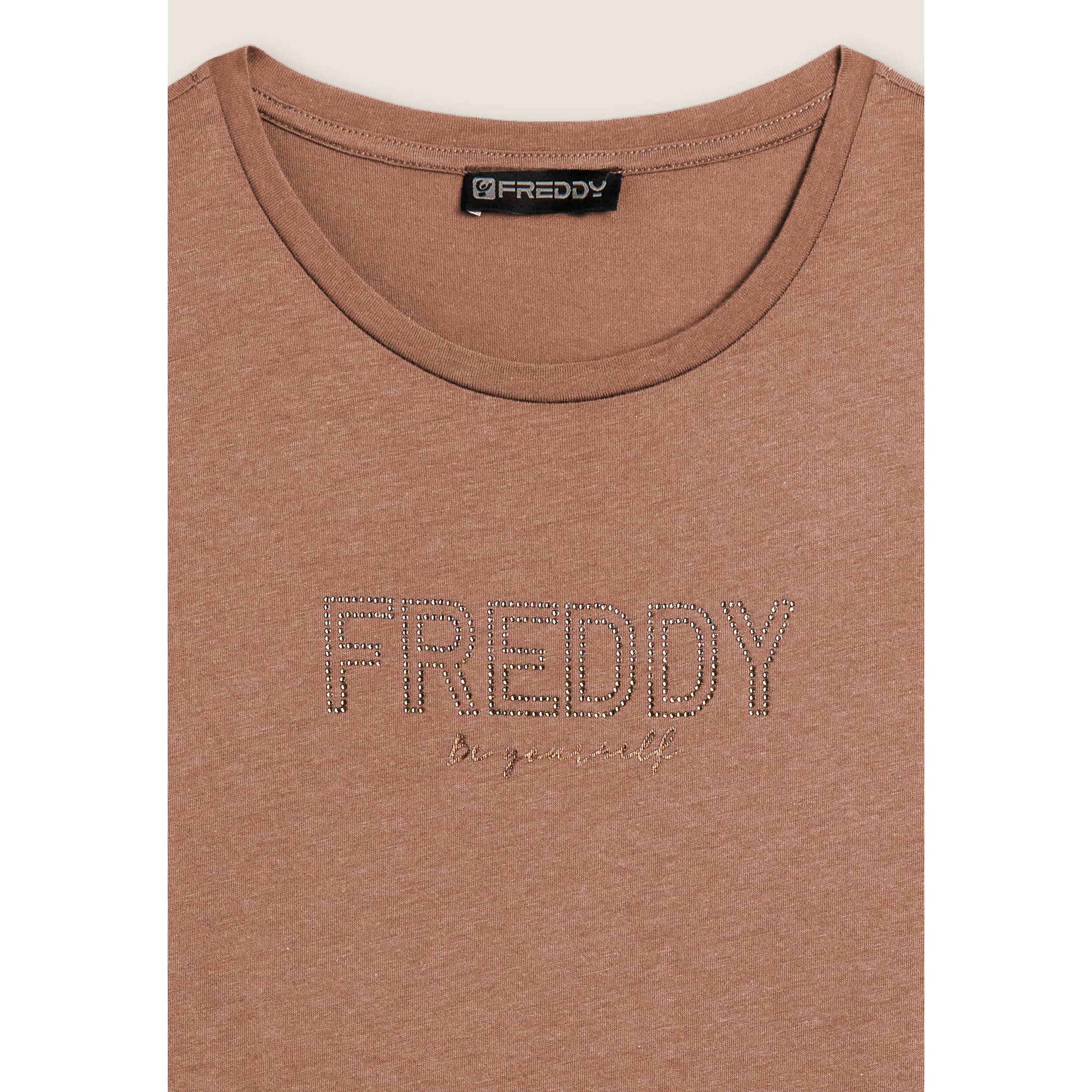 T-shirt donna con mini spacchi laterali e logo in strass