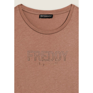 T-shirt donna con mini spacchi laterali e logo in strass