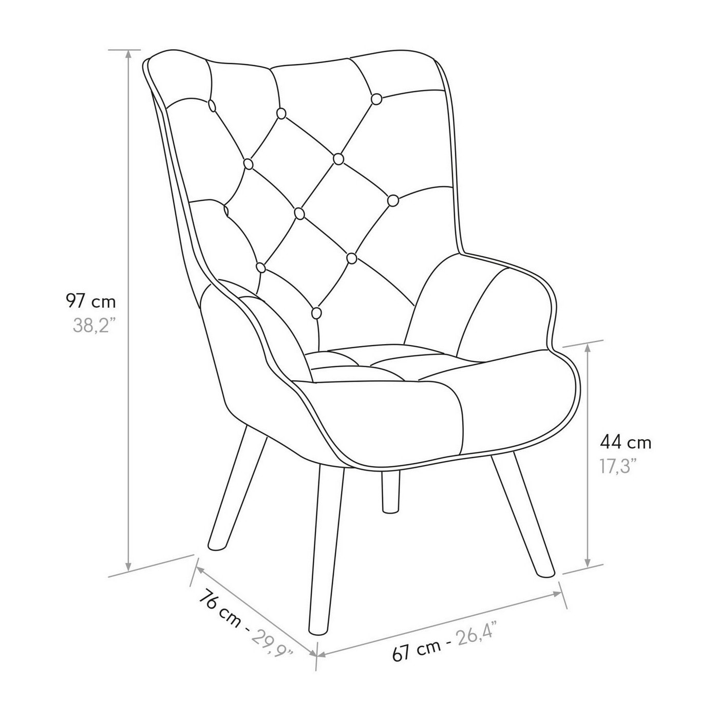 Poltrona HAVANA in tessuto patchwork grigio e gambe in legno