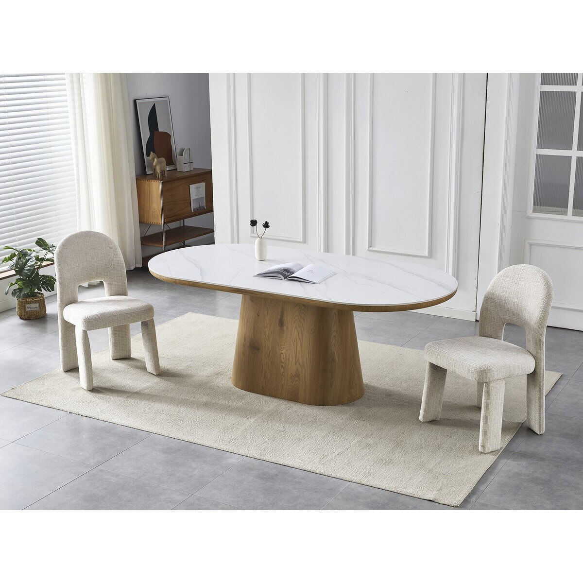 Table de repas en bois ovale en céramique "Bellagio" - 8 places - Blanc et marron