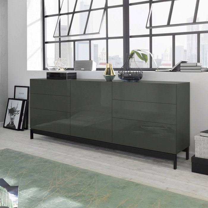 Credenza moderna a 1 anta e 6 cassetti, Made in Italy, Madia da cucina, Buffet di design da soggiorno, con piedini, cm 170x40h47, colore Antracite lucido