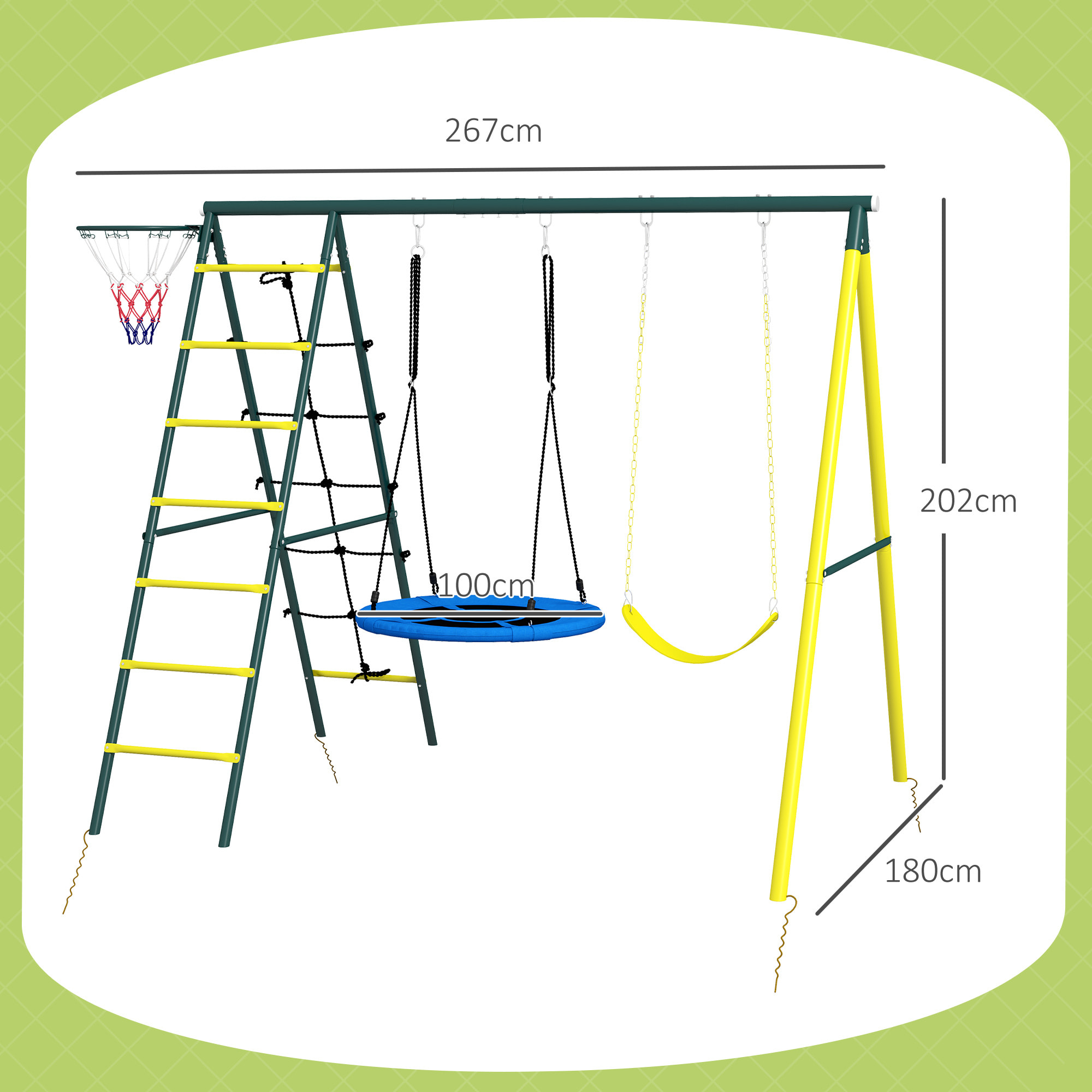 Columpio Infantil 4 en 1, con Columpio Nido e Individual, Red para Escalar, Canasta de Baloncesto, Escalera, Carga 160 kg, para Exterior, Parque Infantil para Niños de 3 a 8 Años, Amarillo