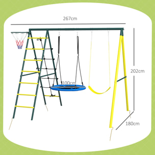Columpio Infantil 4 en 1, con Columpio Nido e Individual, Red para Escalar, Canasta de Baloncesto, Escalera, Carga 160 kg, para Exterior, Parque Infantil para Niños de 3 a 8 Años, Amarillo