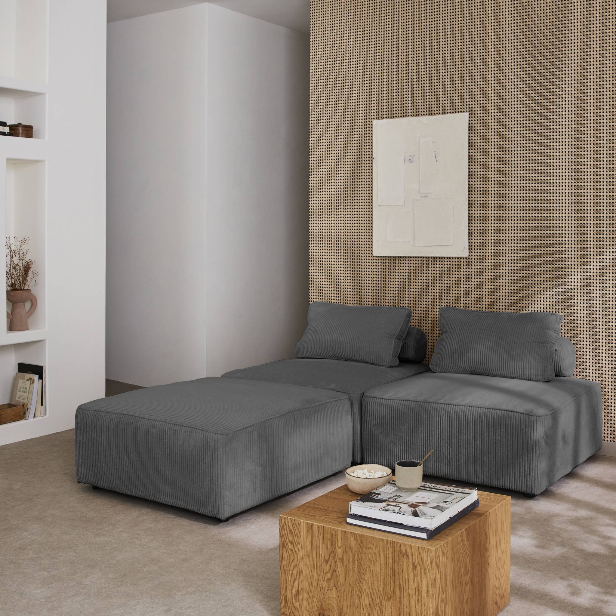 Lot de 3 chauffeuses pour canapé modulables velours côtelé gris avec un coussin