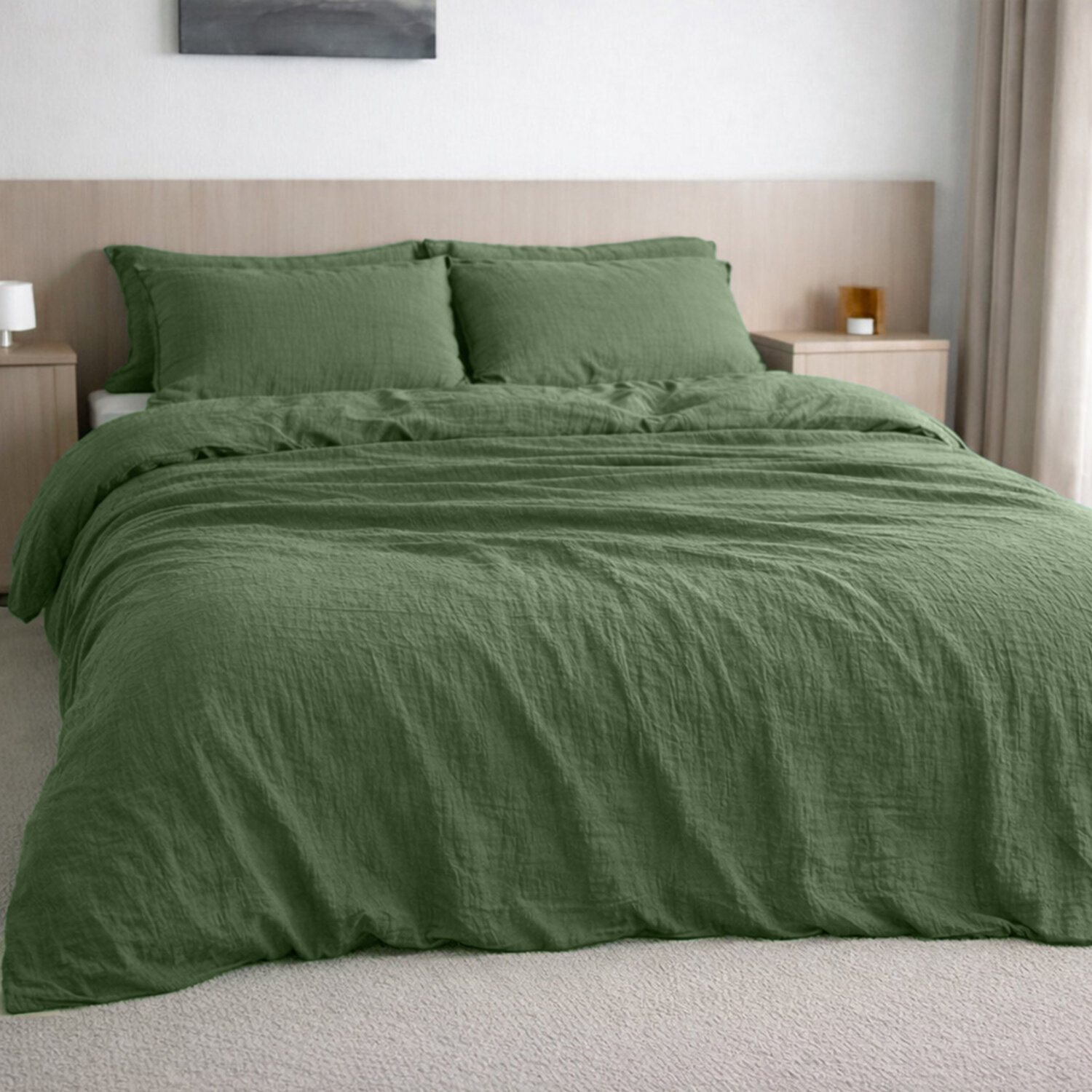 Drap housse gaze de coton lavé vert cèdre