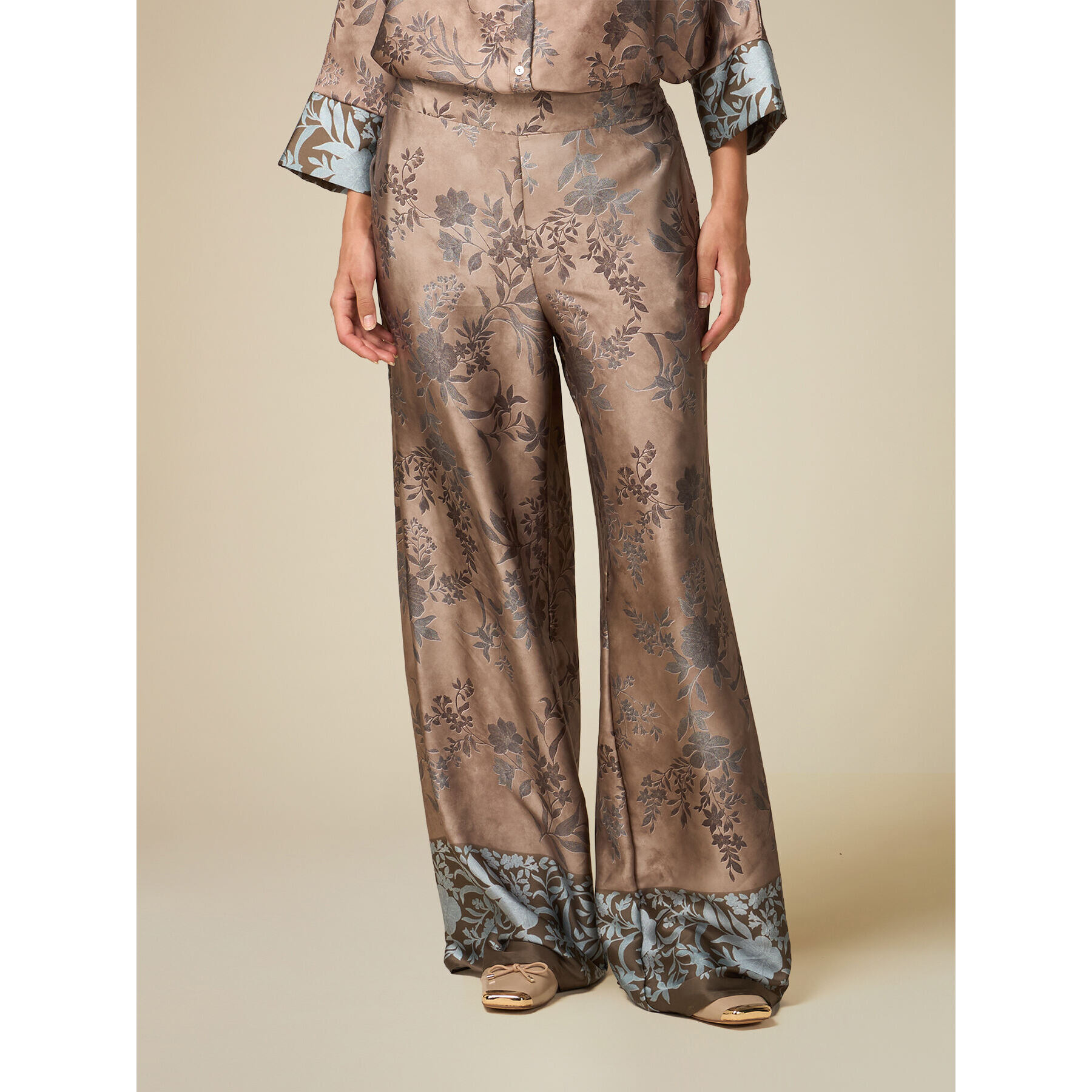 Oltre - Patterned satin palazzo trousers - Beige