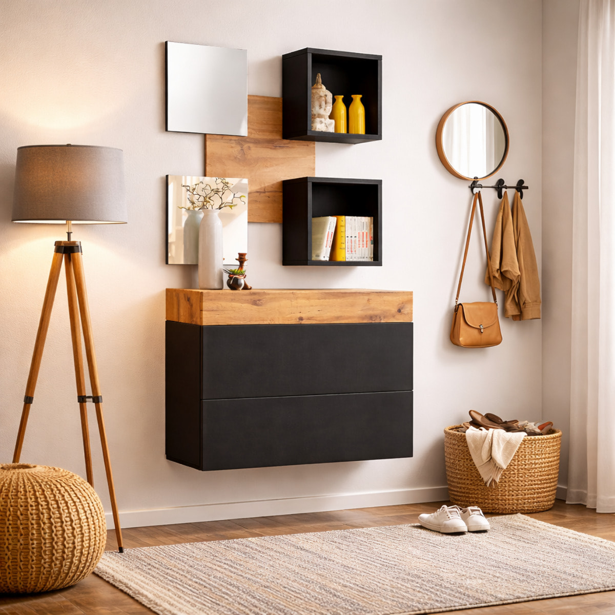 Mobile Ingresso Moderno Con 2 Specchi Vani A Giorno E Base Con Ante E Cassetto Design Elegante Salvaspazio 100 x 170 x 30 Cm Nero E Rovere