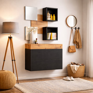 Mobile Ingresso Moderno Con 2 Specchi Vani A Giorno E Base Con Ante E Cassetto Design Elegante Salvaspazio 100 x 170 x 30 Cm Nero E Rovere
