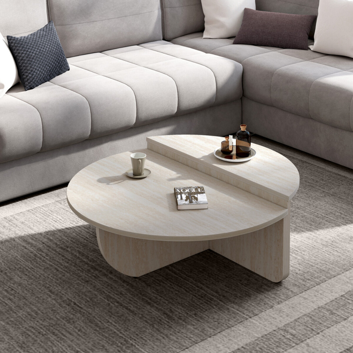 Tables basses rondes asymétriques effet travertin