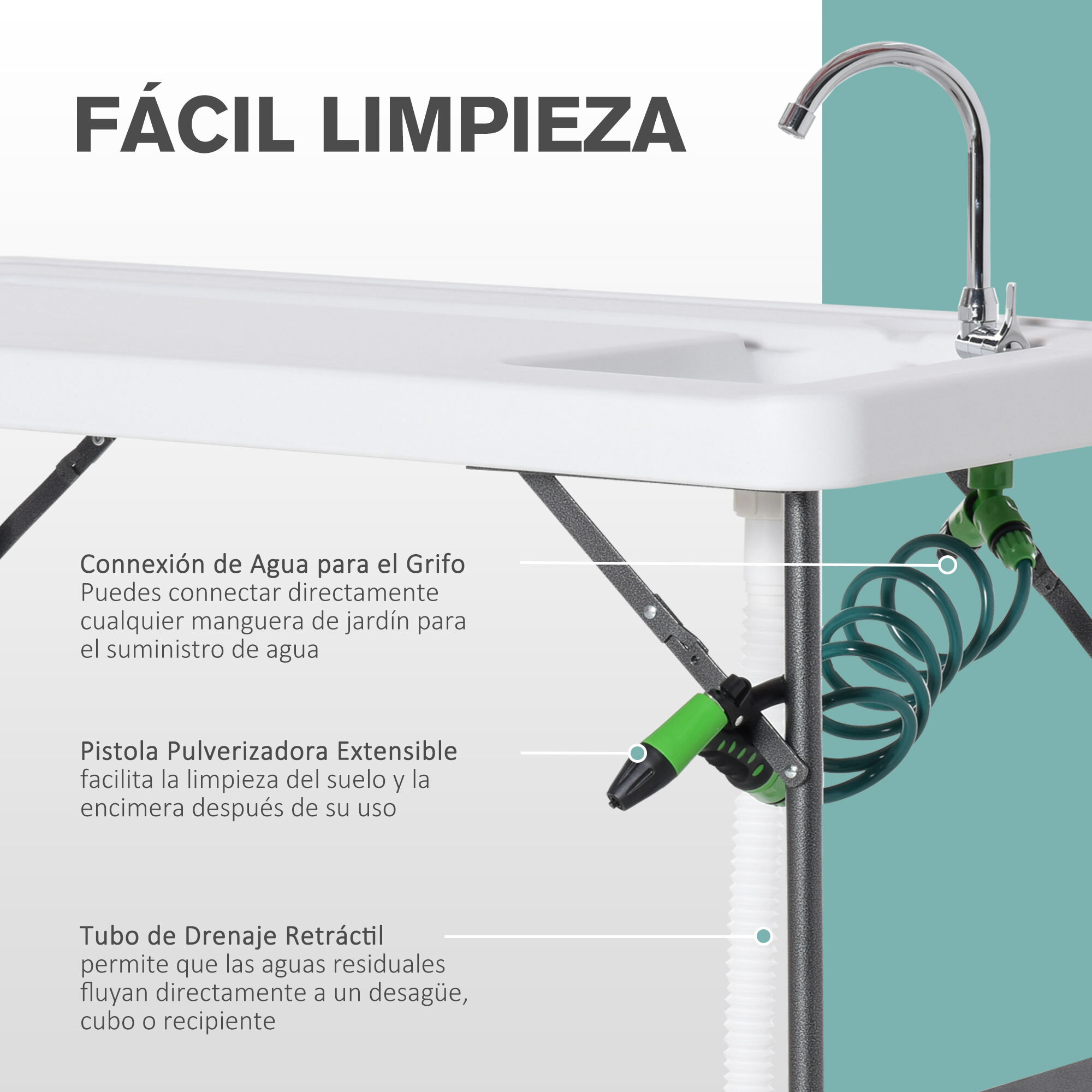 Mesa Plegable de Picnic con Fregadero y Grifo para Camping 114,5x59x94,5cm