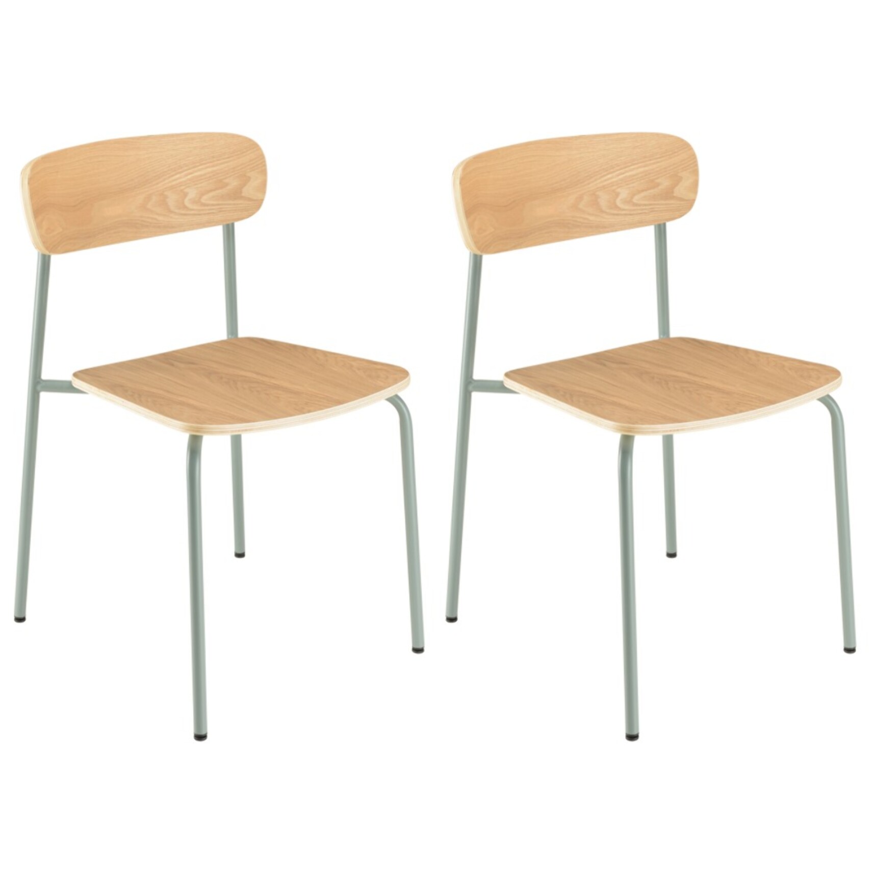 TOM - Lot de 2 chaises « écolier » bois de frêne pieds acier vert d'eau