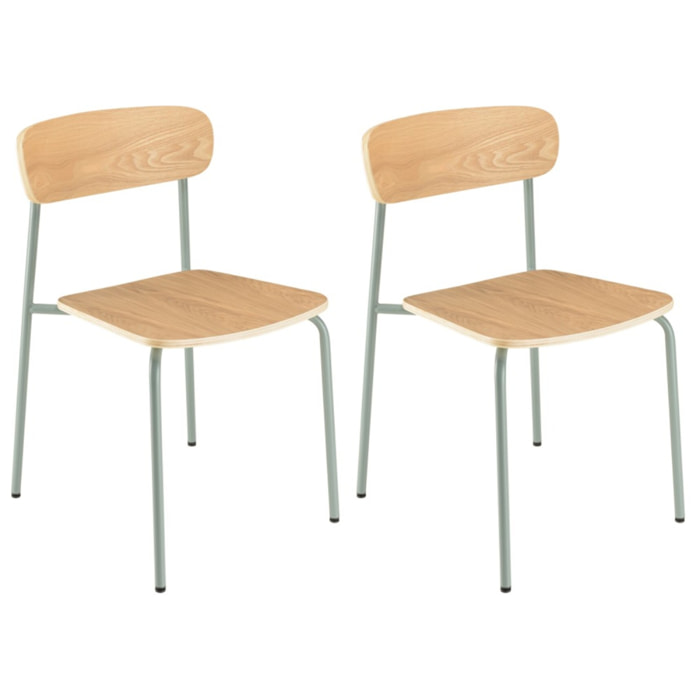 TOM - Lot de 2 chaises « écolier » bois de frêne pieds acier vert d'eau
