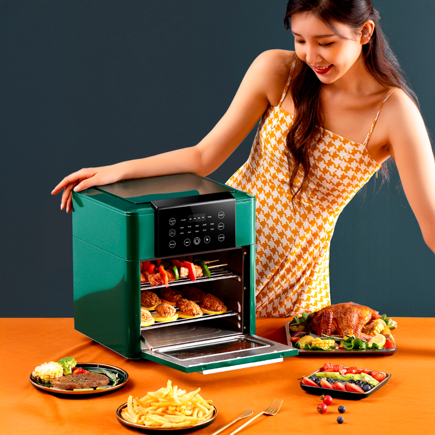 DAM Forno multifunzione Friggitrice ad aria 1350 W 12 litri di grande capacità con finestra di visualizzazione. Doppio vassoio, pannello touch e vano cottura a vapore. Colore nero