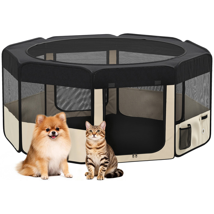 Parque Plegable para Perros y Gatos, Corralito Portátil para Animales Pequeños Impermeable de Tela Oxford con 2 Puertas, para Exterior e Interior, Ø90x41 cm, Negro