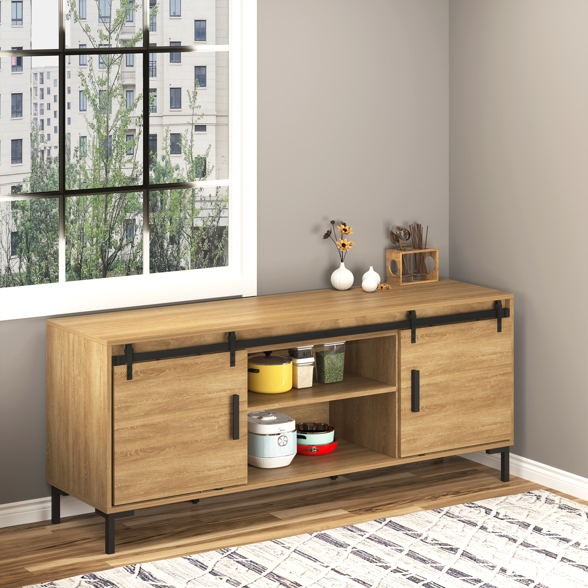 Herrajes Puertas Correderas 200 cm, Kit para Puerta Corredera Doble de Madera Ancho 50 cm, para Mueble de TV, Armario, Acero al Carbono, Negro