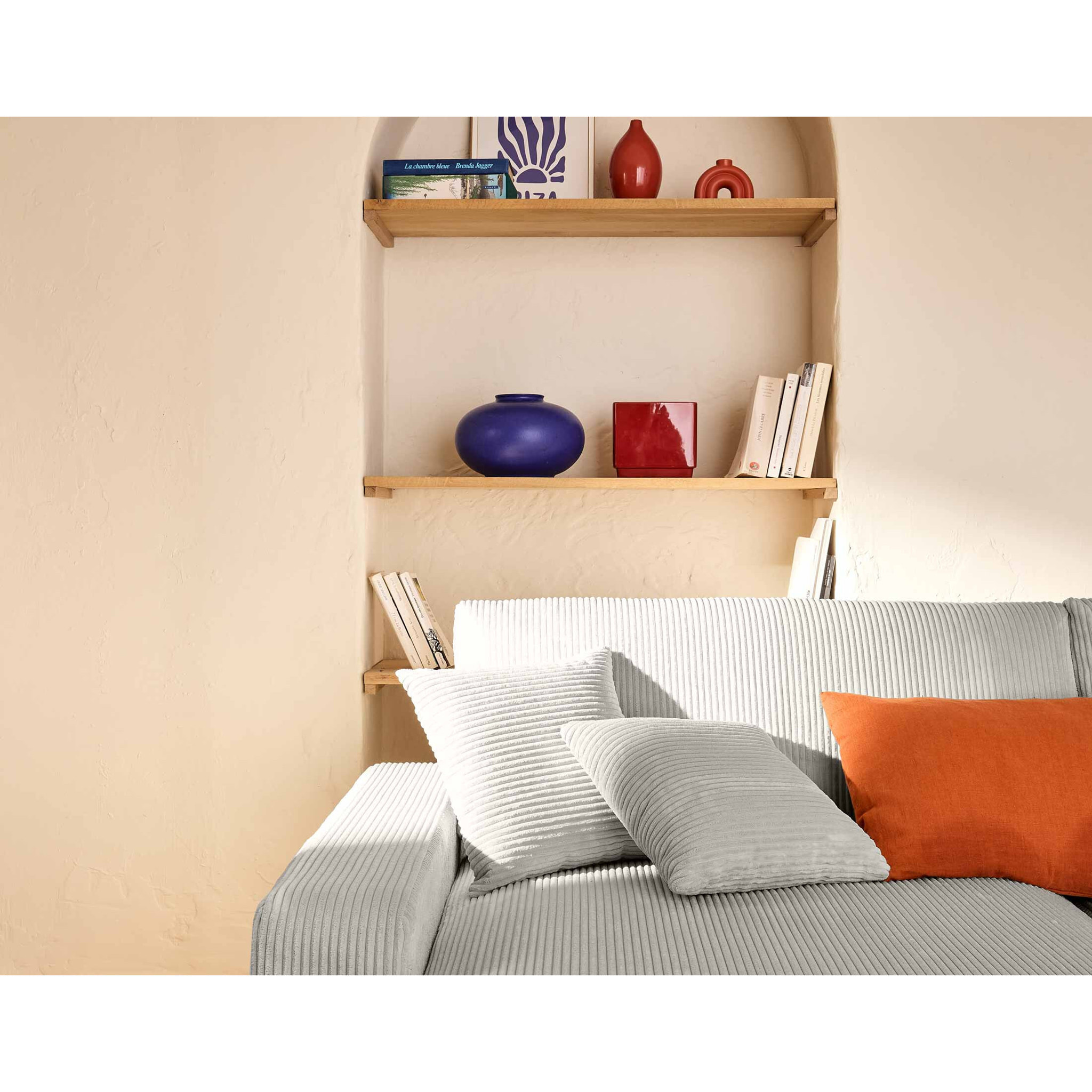 Pivoine - canapé panoramique en U - 7 places - convertible avec coffre - en velours côtelé - Gris clair