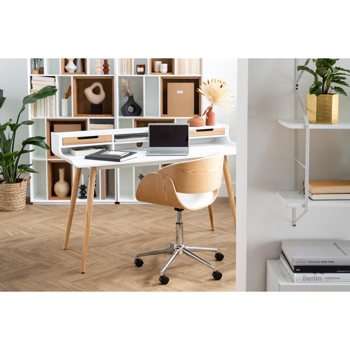 Chaise de bureau à roulettes design en tissu gris, bois clair et