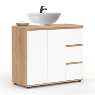 Meuble sous vasque Tom effet hêtre placards blancs