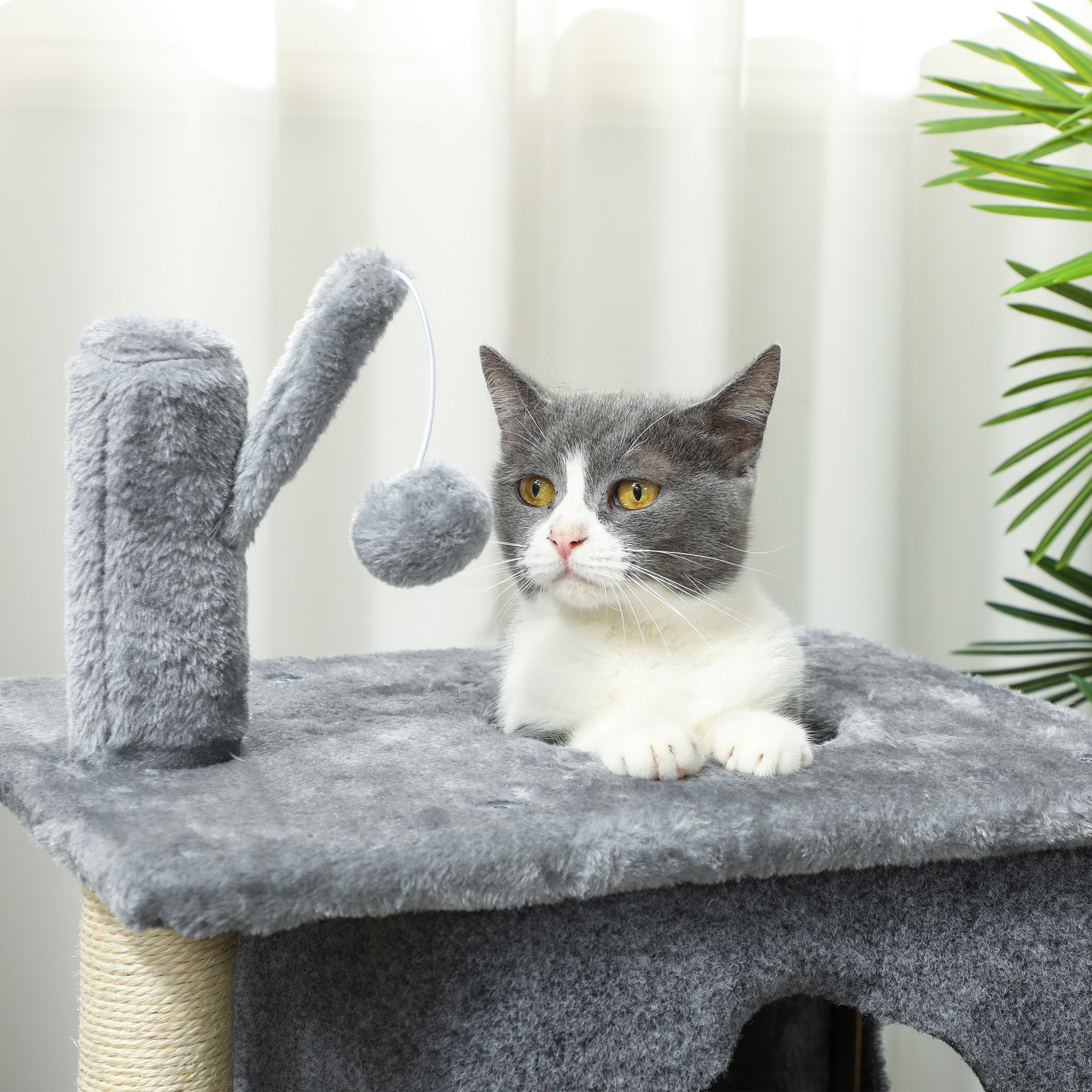 Arbre à chat à 3 niveaux hauteur 80 cm, tour pour chat avec 2 niches et surface de repos confortable, balle amovible, poteau en sisal et peluche douce, pour animal 5 kg, gris foncé
