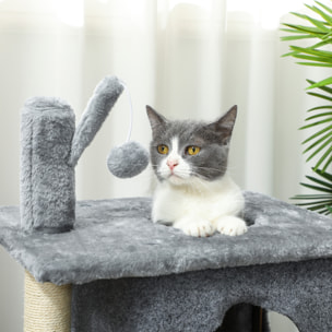 Arbre à chat à 3 niveaux hauteur 80 cm, tour pour chat avec 2 niches et surface de repos confortable, balle amovible, poteau en sisal et peluche douce, pour animal 5 kg, gris foncé