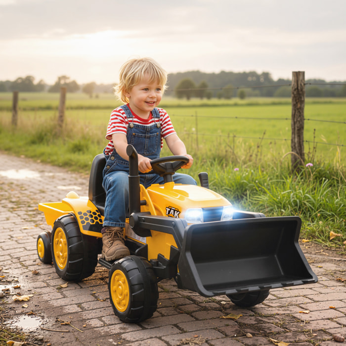 Tractor Eléctrico para Niños con Remolque Desmontable y Pala, Tractor de Juguete de Batería 12V, Motor Doble, Control Remoto 2,4G, Luces, Música, Conexión Inalámbrica, USB para Niños +3 Años