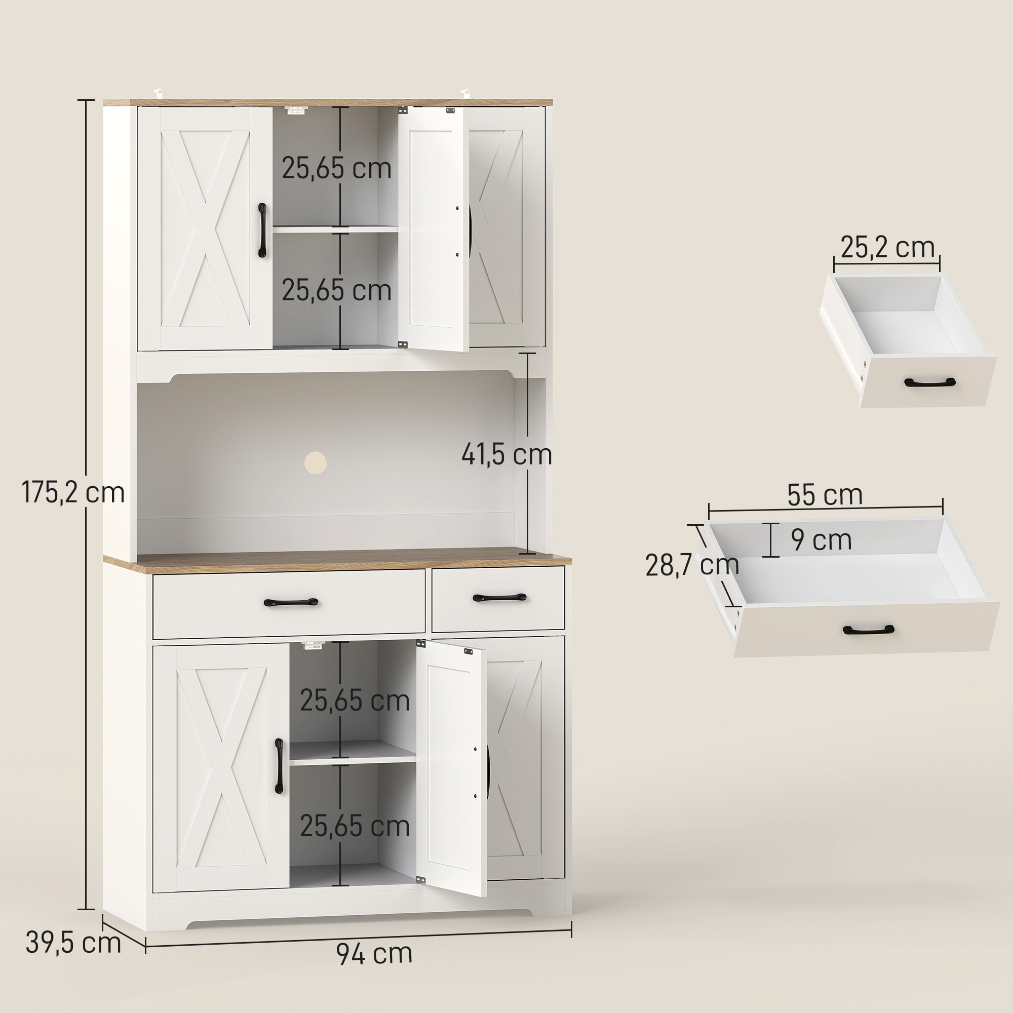 Alacena de Cocina Alta, Mueble Auxiliar de Cocina, con 6 Puertas, Encimera Abierta para Microondas, 2 Cajones, Estantes Ajustables, Orificio para Cable, 94x39,5x175,2 cm, Blanco