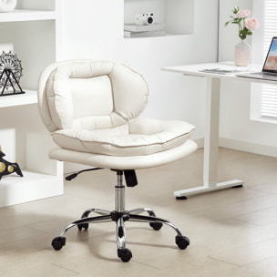 Silla de Oficina Piernas Cruzadas, Silla de Escritorio sin Brazos con Asiento Ancho, Ruedas, Altura Ajustable, Doble Acolchado, Giratoria, Función Basculante, Tapizada en PU, Gris Claro
