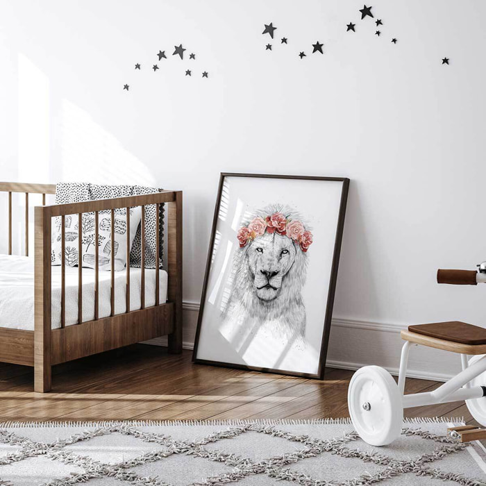 Affiche enfant lion et couronne de fleurs  Affiche + cadre en bois - Noir