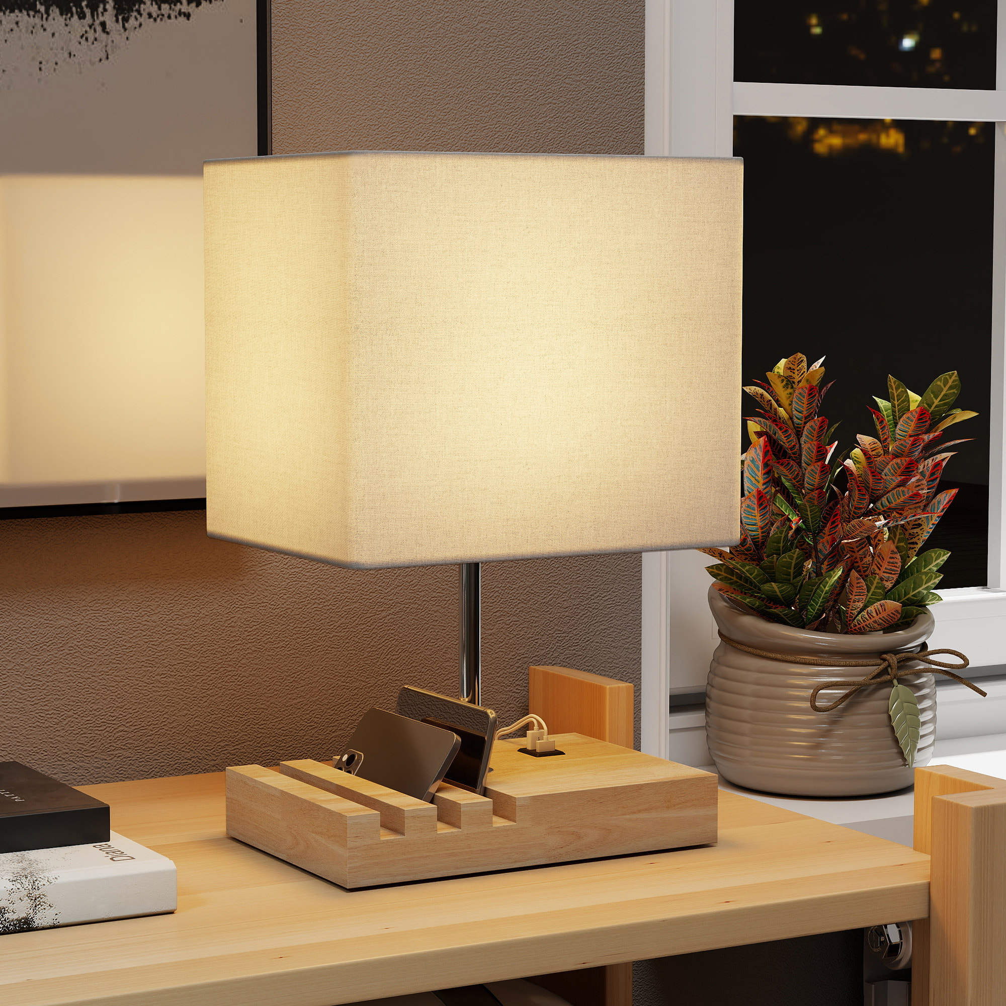 Lámpara de Mesa con Puertos USB-A/C, Tres Ranuras para Teléfonos, Lámpara de Mesita de Noche Moderno con Base de Madera y Pantalla de Tela, para Dormitorio, Salón, E27, 40W, Blanco