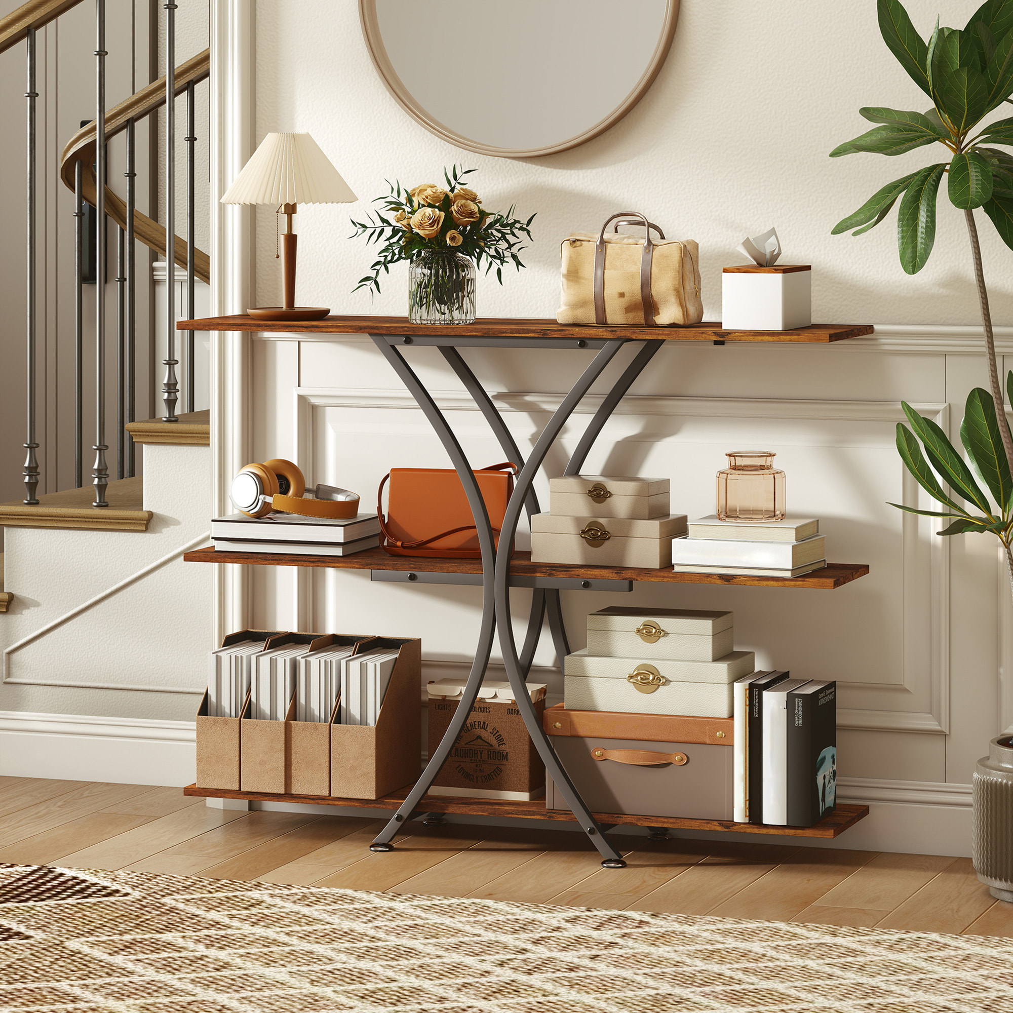 Mesa de Consola de 3 Niveles, Mesa de Sofá Industrial con 2 Estantes Abiertos y Marco Metálico en X, Consola para Recibidor Estrecha, para Salón, Pasillo, Entrada, Marrón Rústico