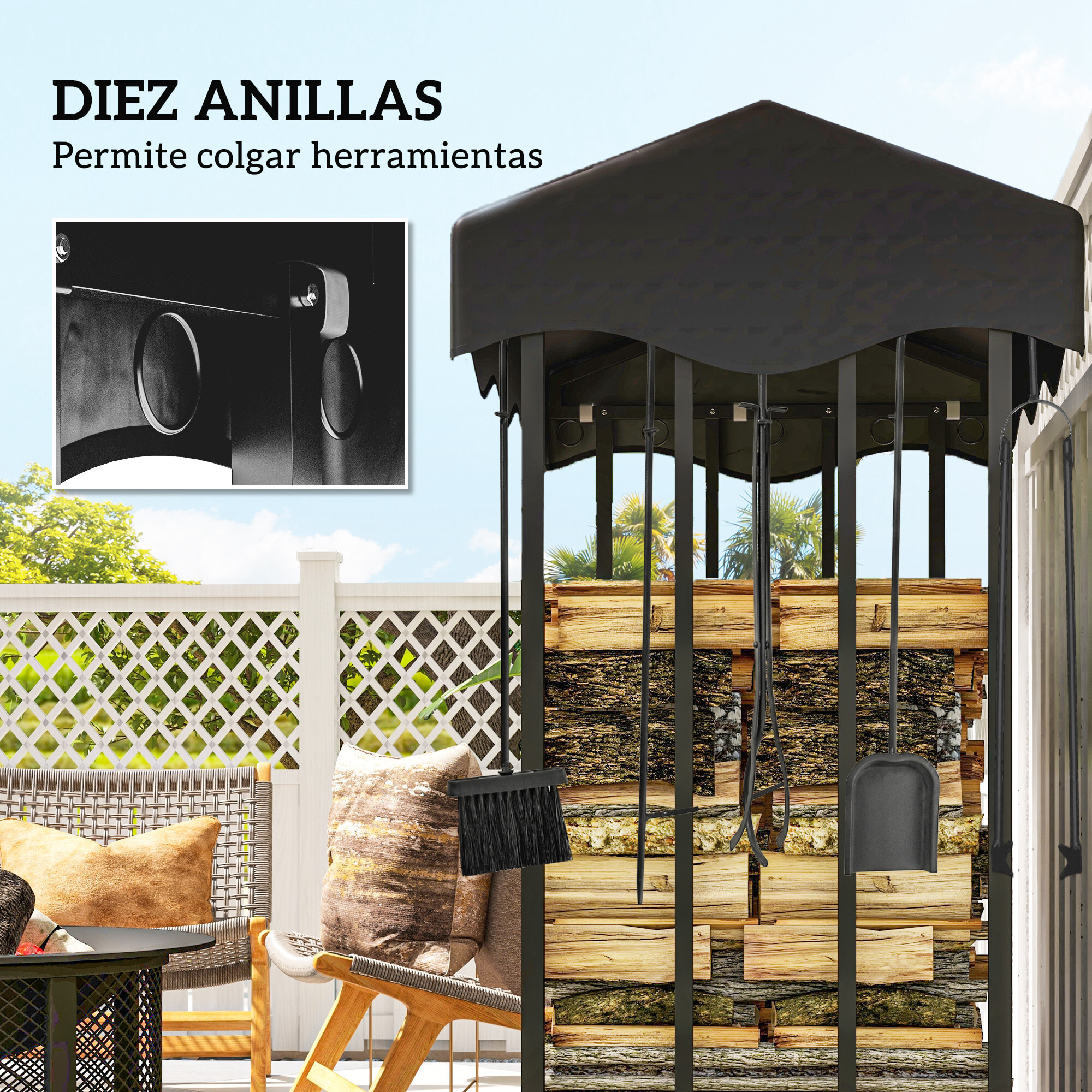 Soporte para Leña con Cubierta Estante de Leña Leñero de Metal con Estructura Reforzada Carga 1200 kg para Interior y Exterior 143x70x145 cm Negro