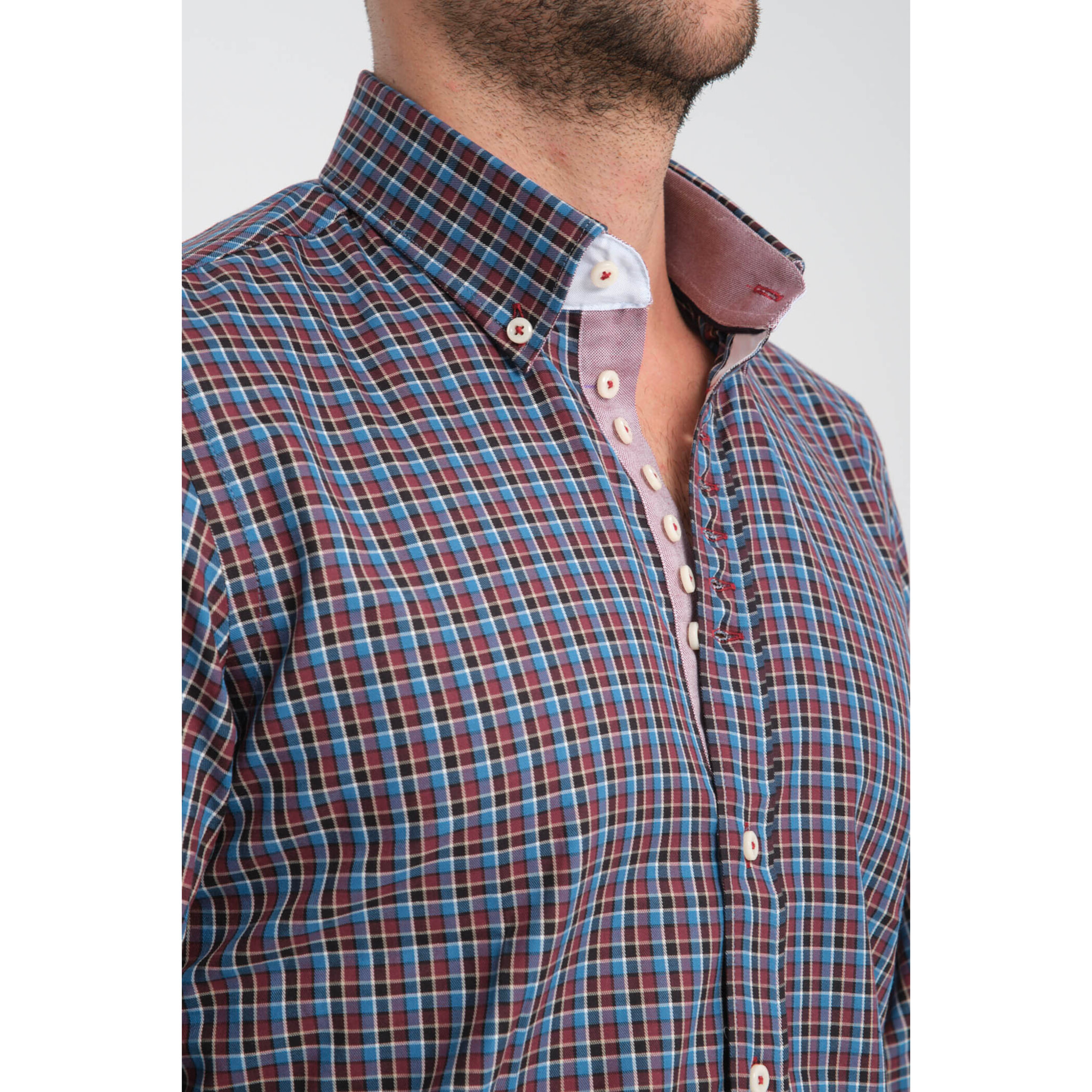 Camicia Uomo 1 Bottoni Button Down Slim Twill Quadro Medio Bordeaux e Blu Chiaro