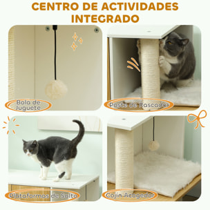 Mueble Arenero para Gatos 3 en 1 Nido Mesa Auxiliar Caja de Arena para Gatos con Puertas Cojín Poste para Rascar y Centro de Juegos para Salón Dormitorio 94x48x50,5 cm Roble y Blanco