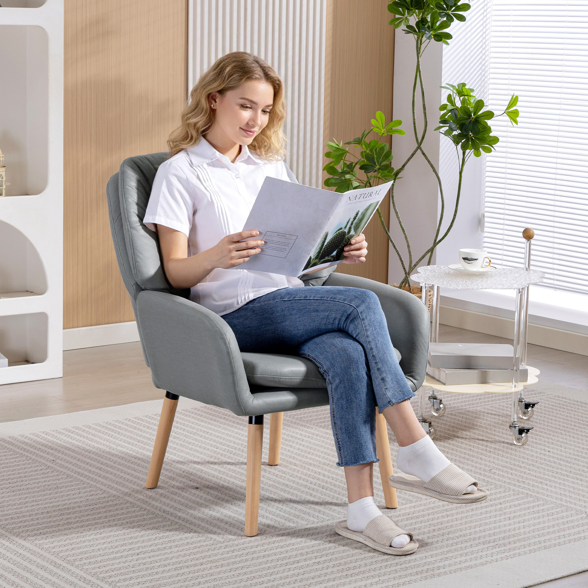 Sillón de Salón Moderno, Butaca de Salón, Acolchado de Doble Capa, Tapizado en Cuero Sintético, Patas de Madera, Sillón de Lectura para Dormitorio, Oficina, Estudio, 68x74x89 cm, Gris