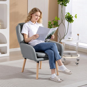 Sillón de Salón Moderno, Butaca de Salón, Acolchado de Doble Capa, Tapizado en Cuero Sintético, Patas de Madera, Sillón de Lectura para Dormitorio, Oficina, Estudio, 68x74x89 cm, Gris