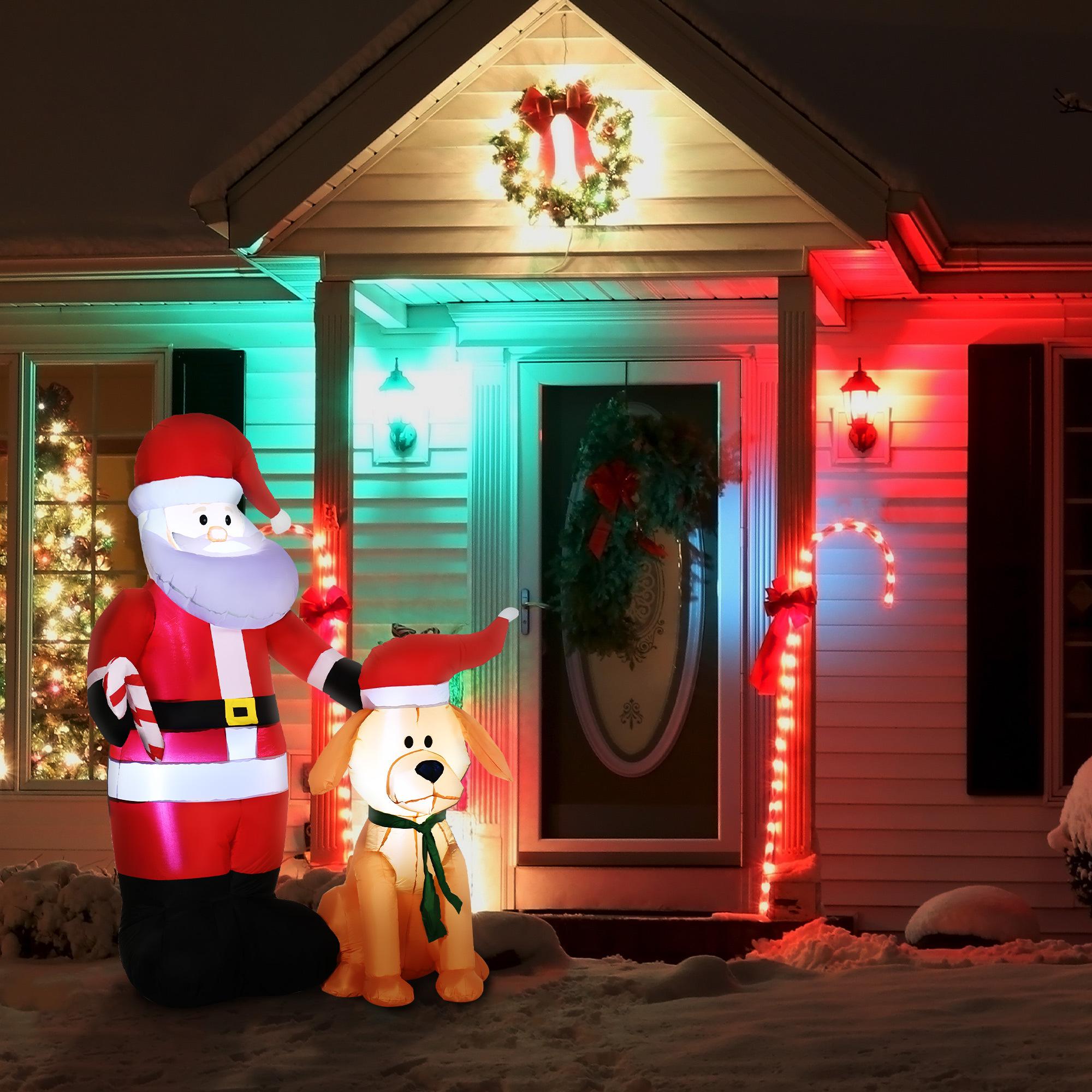 Outsunny Papá Noel Inflable con Perro con 9 Luces LED IP44 e Inflador Eléctrico Decoración Navideña para Interiores y Exteriores 117x80x157 cm Multicolor