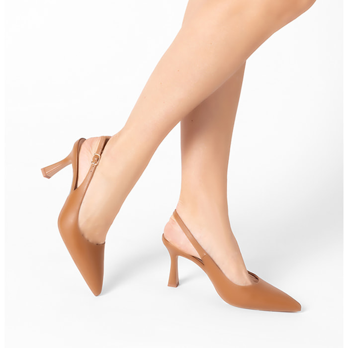 Décolleté slingback donna cognac, tacco 8 cm