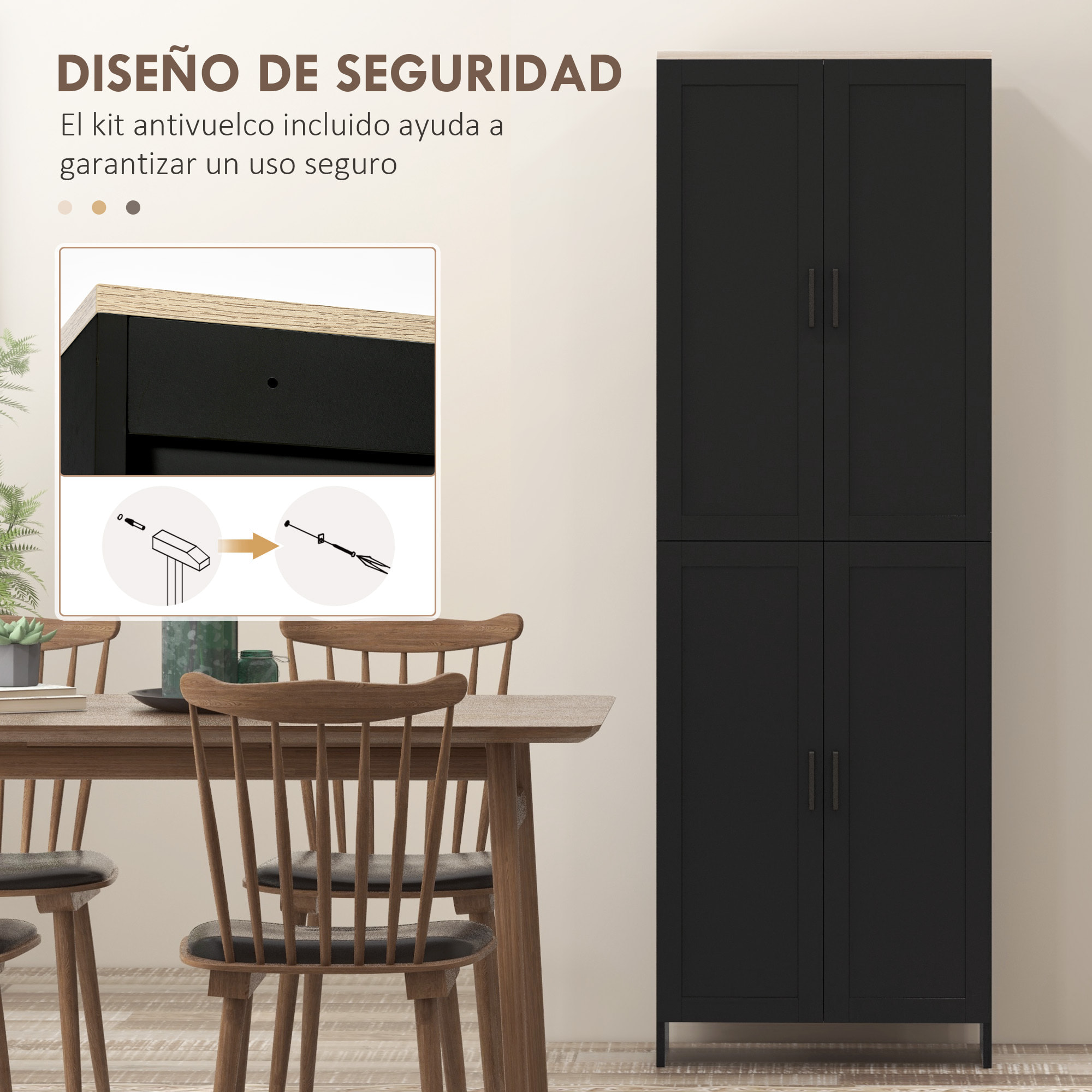 Alacena de Cocina Armario de Cocina Mueble Auxiliar de Cocina con Puertas y Estantes Ajustables Antivuelco para Comedor Salón 60x30x170,5 cm Negro