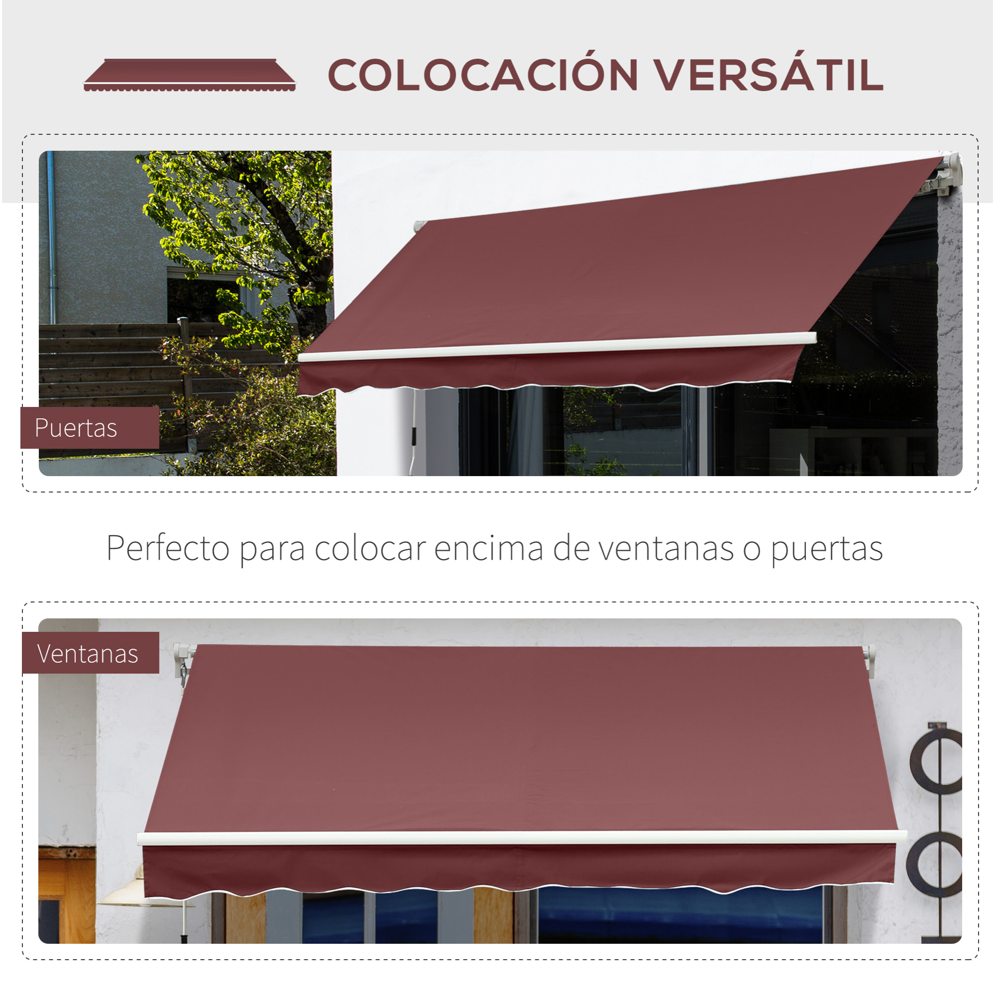 Toldo Manual Retráctil 350x250 cm, Toldo Exterior Terraza con Ángulo Ajustable, Manivela, Estructura de Aluminio y Protección UV30+, para Jardín, Patio, Ventanas, Rojo Vino