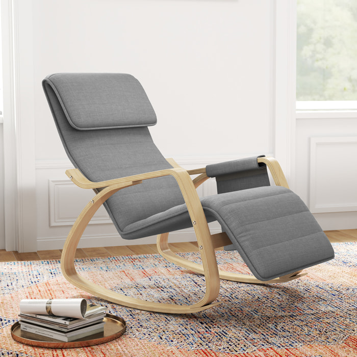 Fauteuil à bascule - fauteuil relax repose-pied réglable, poche rangement, tétière - bois tissu gris