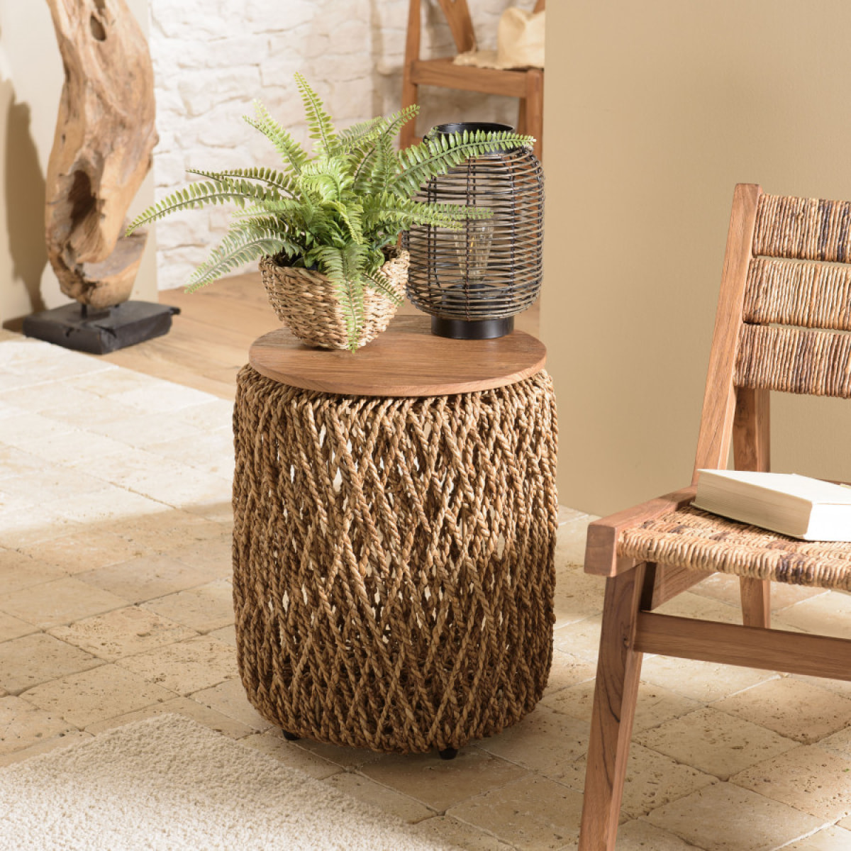 ALIDA - Table d'appoint ronde 40x40cm en tissage de fibre de cocotier