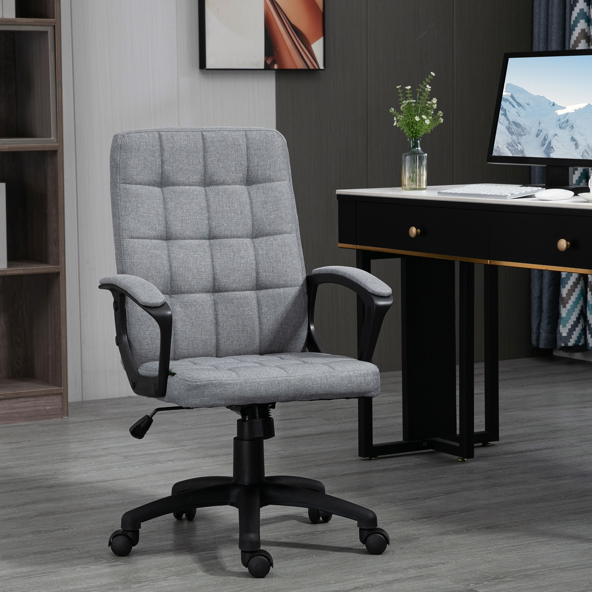 Chaise de bureau design Chesterfield effet capitonné hauteur réglable pivotant 360° tissu gris