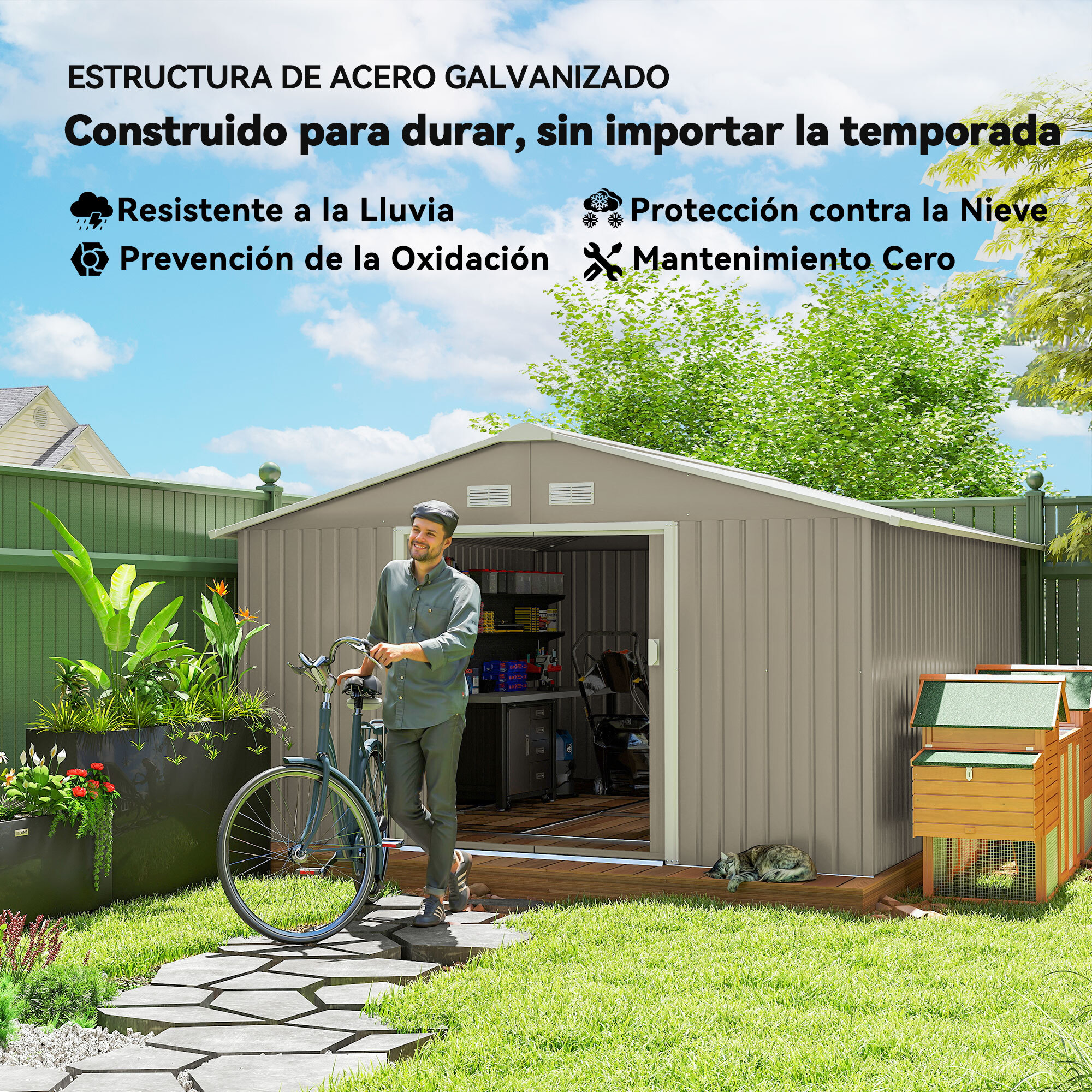 Caseta de Jardín Exterior 12,4 m² 340x386x200 cm, Cobertizo de Jardín Exterior Metálico con Puerta Corredera, Base Refuerzo (Suelo NO Incluido) y Ventanas Gris Claro