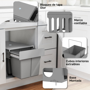 Cubo de Basura bajo Fregadero, Cubos de Basura con 2 Contenedores de Reciclaje Extraíbles, Capacidad Total 30L (15Lx2), Fijación Inferior, para Reciclaje y Residuos, Gris Claro
