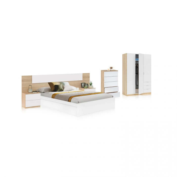 Dormitorio compuesto por 6 piezas en blanco artik y roble canadian Akari 5C Max Blanco Artik (Blanco Mate) - Roble Canadian