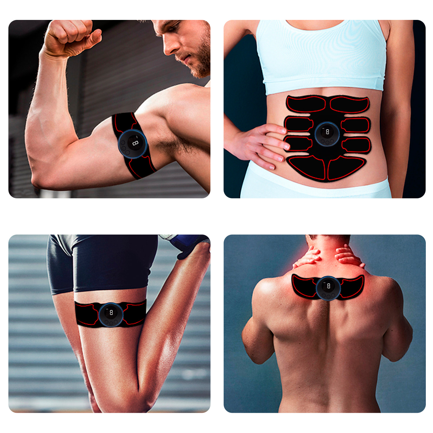 Stimolatore elettronico e massaggio EMS con telecomando. Per addominali, braccia e gambe. Batteria ricaricabile.